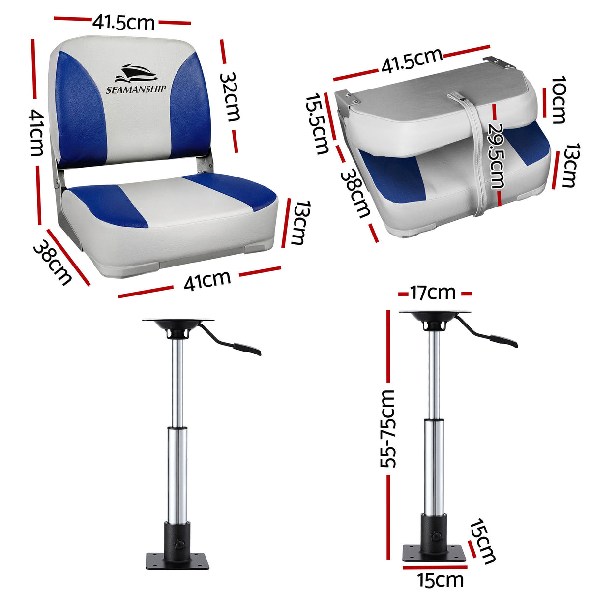 Folding Boat Seats with Pedestals 2 Pack | Low Back | 55–75cm Adjustable | White Blue