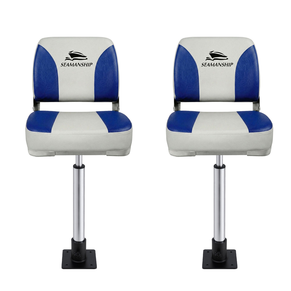 Folding Boat Seats with Pedestals 2 Pack | Low Back | 55–75cm Adjustable | White Blue