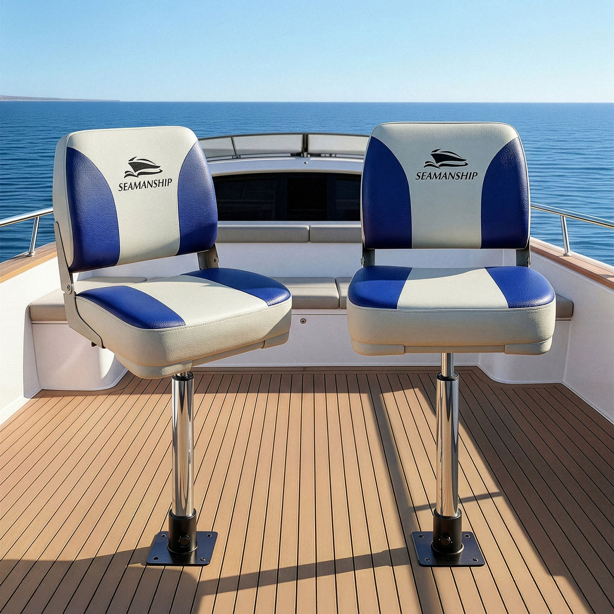 Folding Boat Seats with Pedestals 2 Pack | Low Back | 55–75cm Adjustable | White Blue