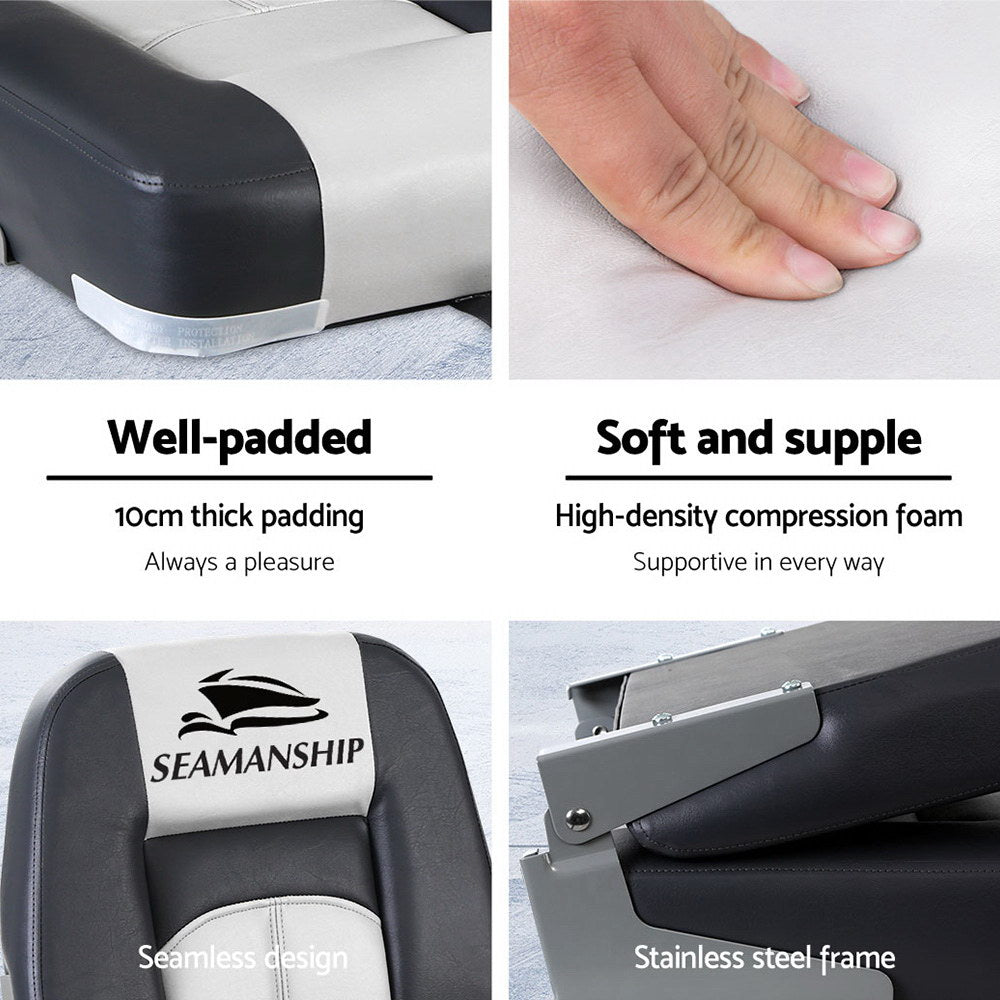 Seamanship Folding Boat Seats | 2PCS Marine Swivel Seats | Low Back | 10cm Padding | Grey