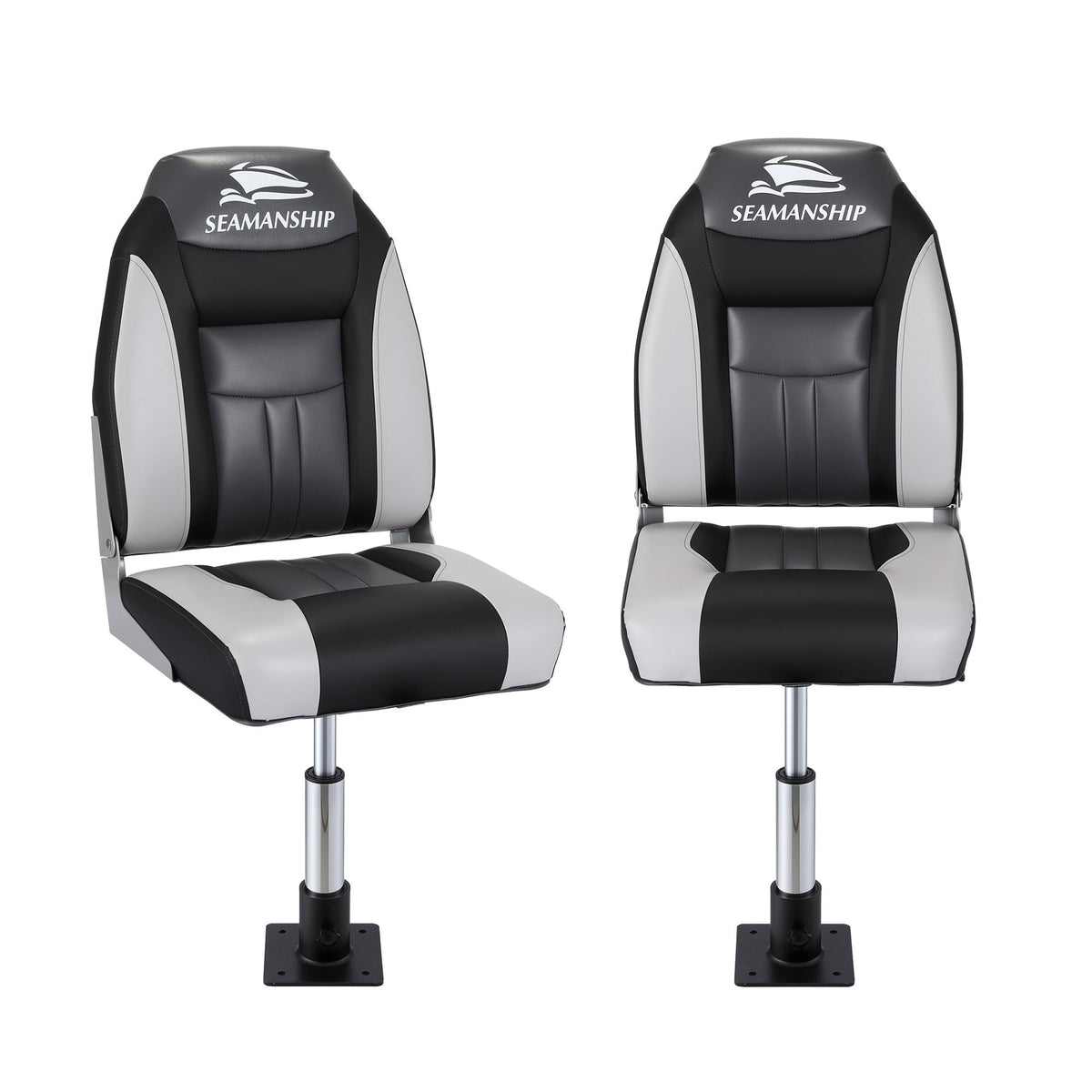 Folding Boat Seats with Pedestals 2 Pack | High Back | 34–46cm Adjustable | Black
