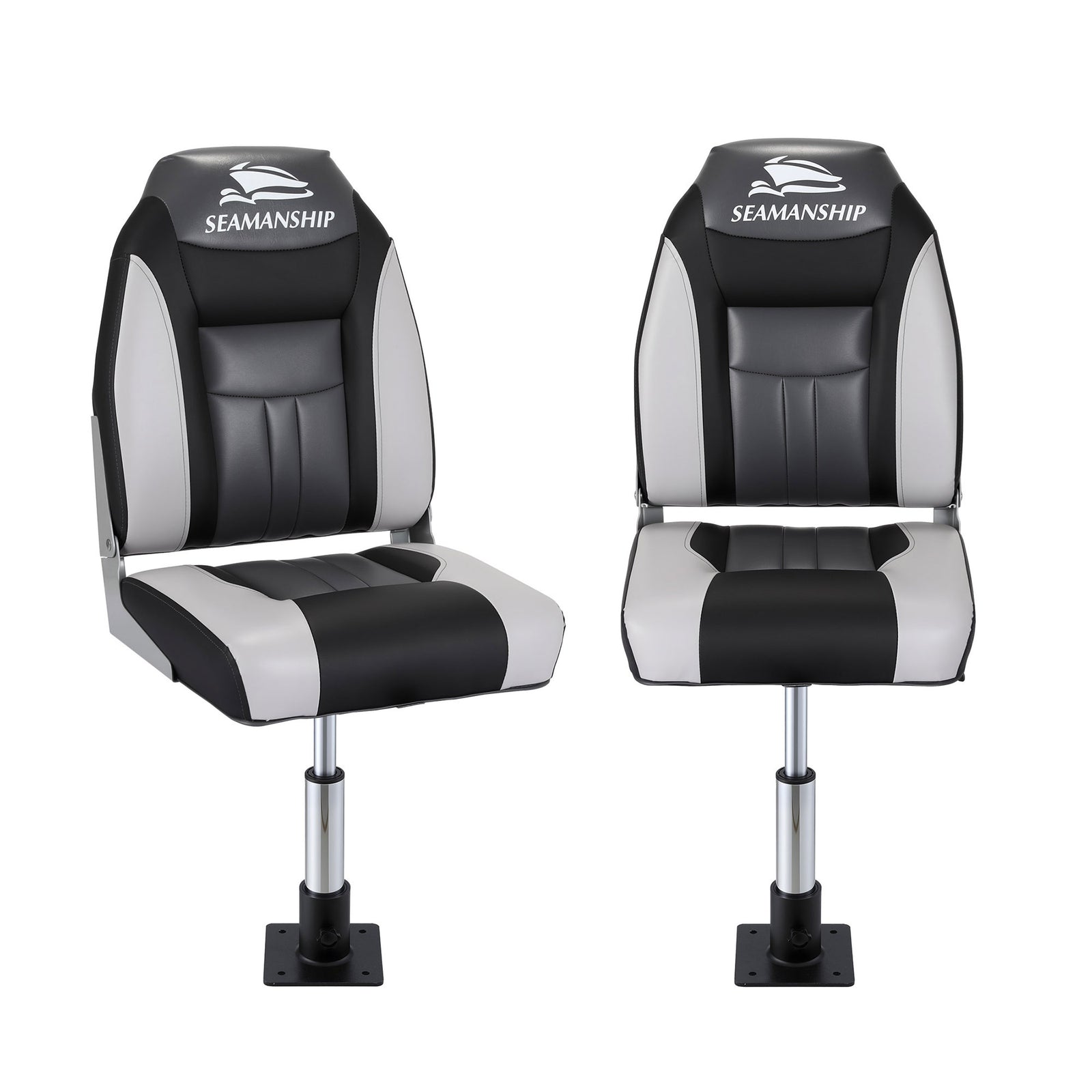 Folding Boat Seats with Pedestals 2 Pack | High Back | 34–46cm Adjustable | Black