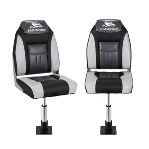 Folding Boat Seats with Pedestals 2 Pack | High Back | 34–46cm Adjustable | Black