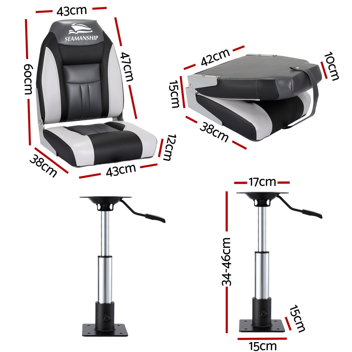 Folding Boat Seats with Pedestals 2 Pack | High Back | 34–46cm Adjustable | Black
