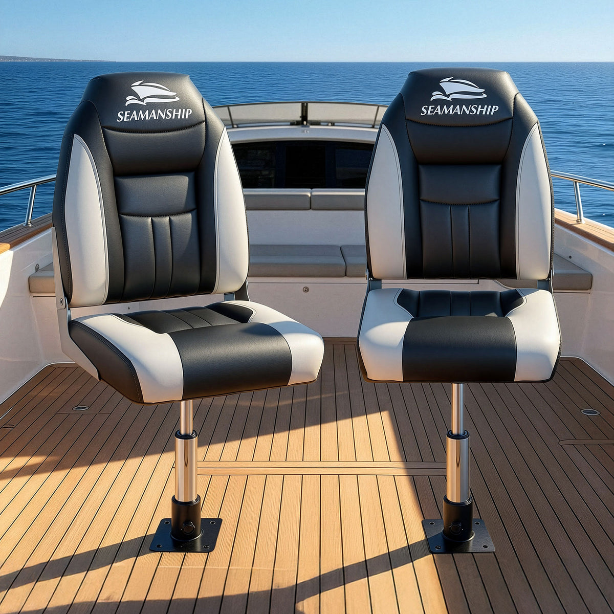 Folding Boat Seats with Pedestals 2 Pack | High Back | 34–46cm Adjustable | Black