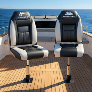 Folding Boat Seats with Pedestals 2 Pack | High Back | 34–46cm Adjustable | Black