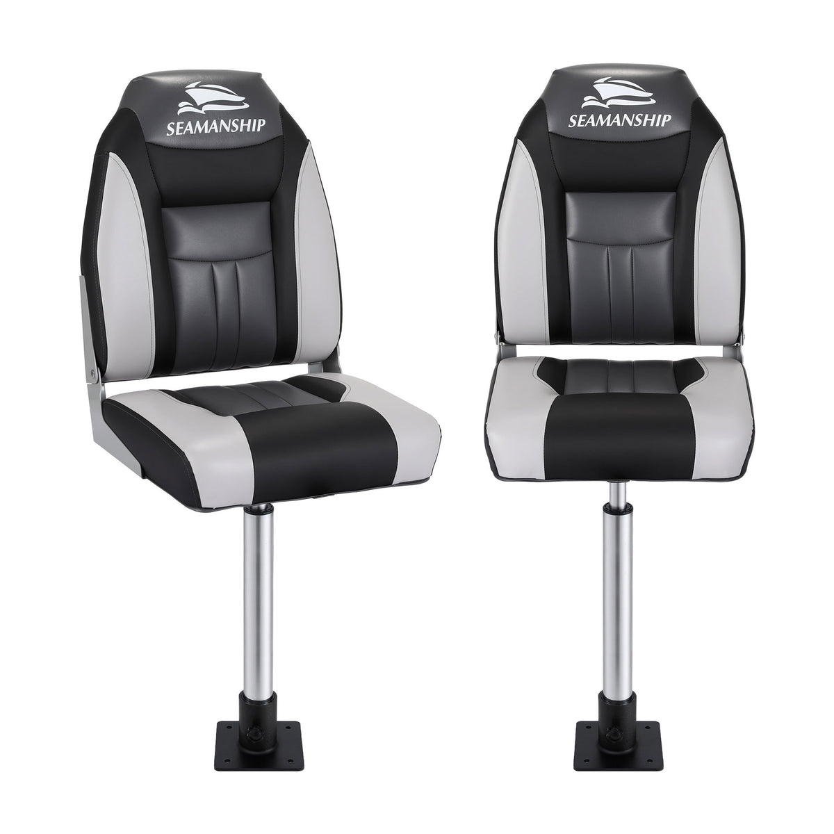 Folding Boat Seats with Pedestals 2 Pack | High Back | 55–75cm Adjustable | Black