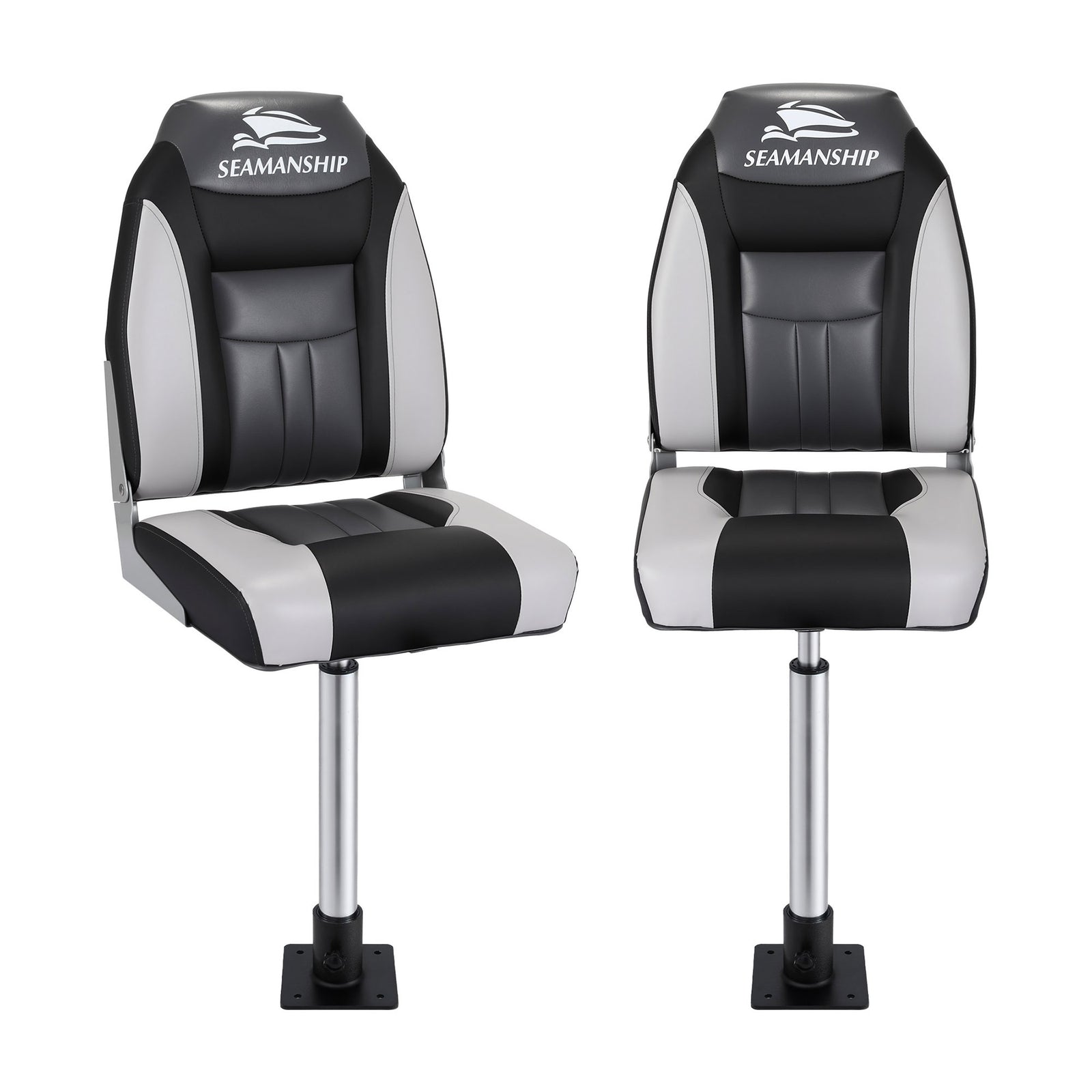 Folding Boat Seats with Pedestals 2 Pack | High Back | 55–75cm Adjustable | Black