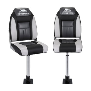 Folding Boat Seats with Pedestals 2 Pack | High Back | 55–75cm Adjustable | Black