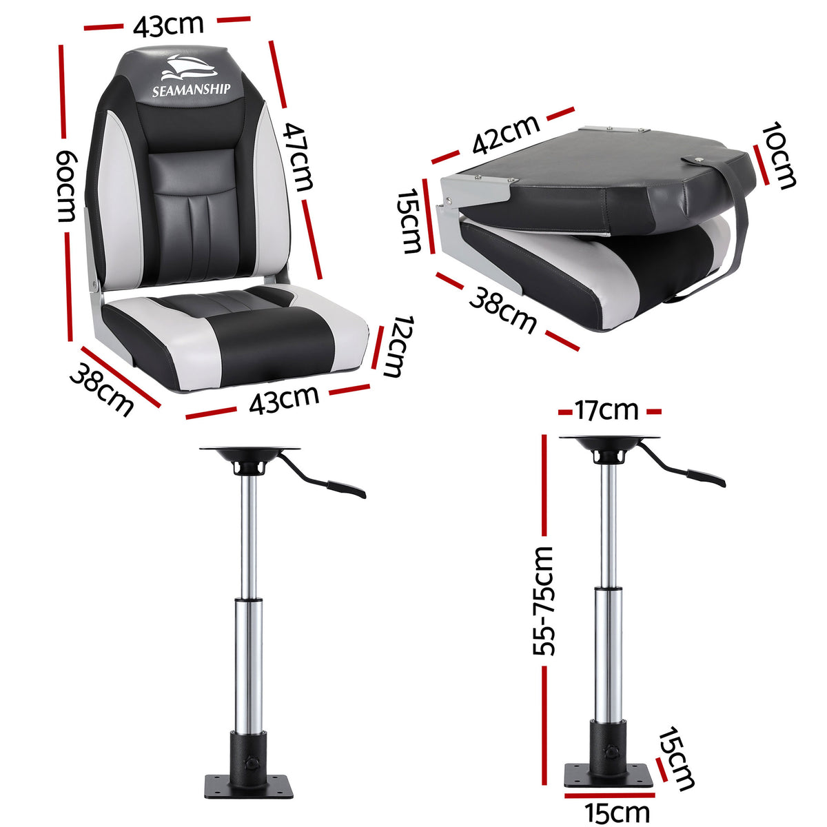 Folding Boat Seats with Pedestals 2 Pack | High Back | 55–75cm Adjustable | Black