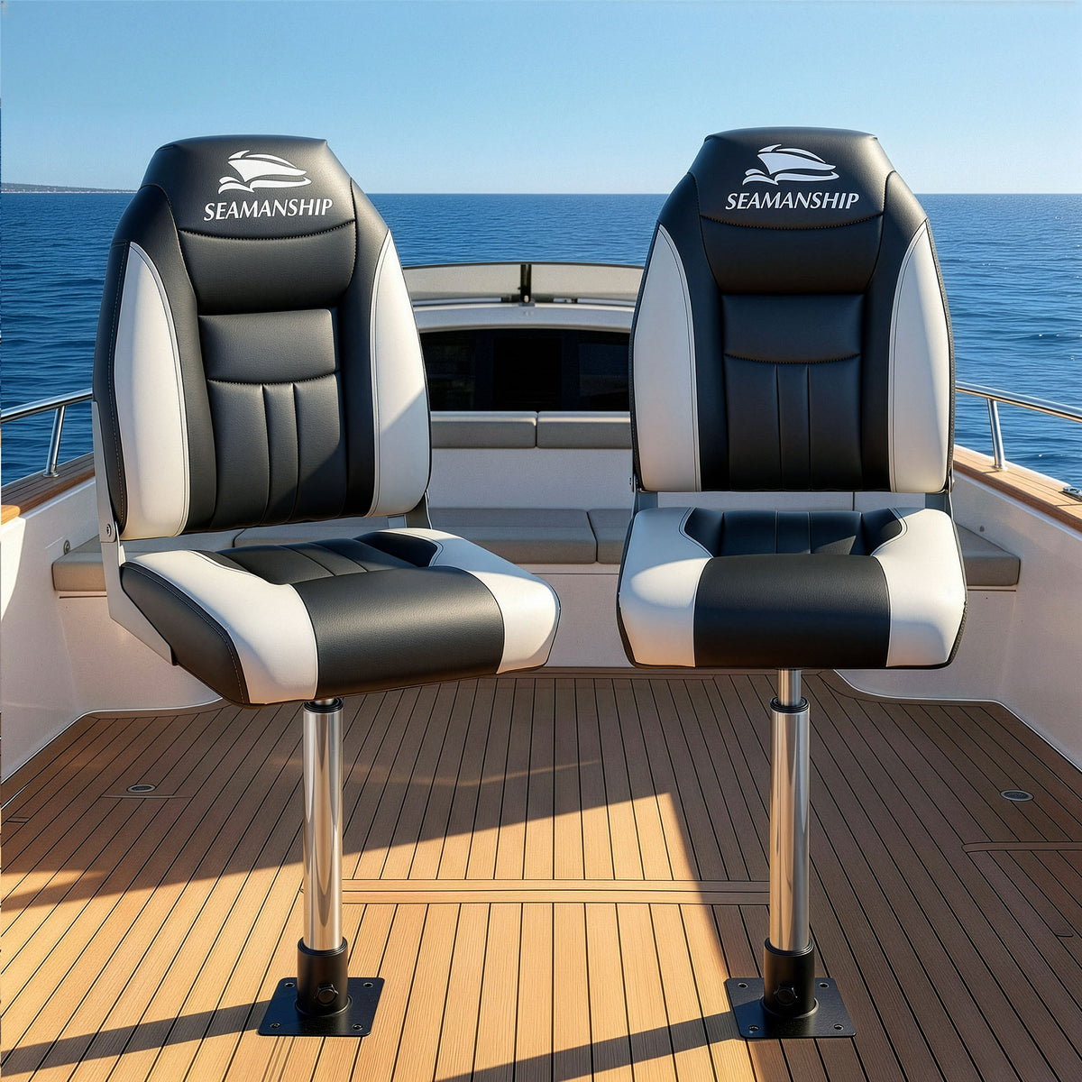 Folding Boat Seats with Pedestals 2 Pack | High Back | 55–75cm Adjustable | Black