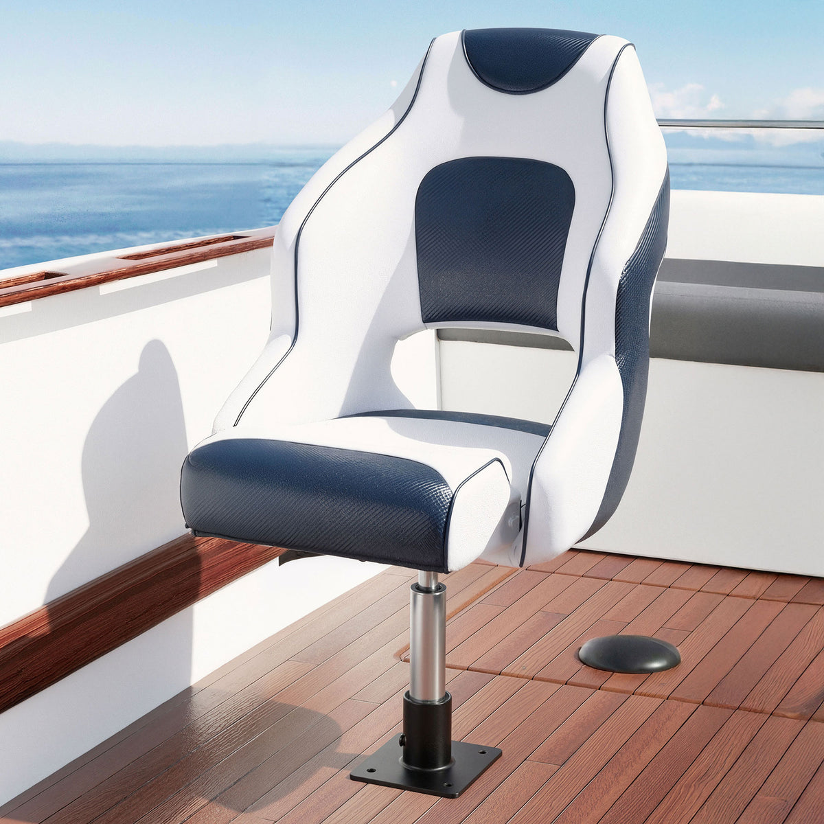 Captain Boat Seats with Pedestals | Flip Up Bolster | 34–46cm Adjustable | Blue