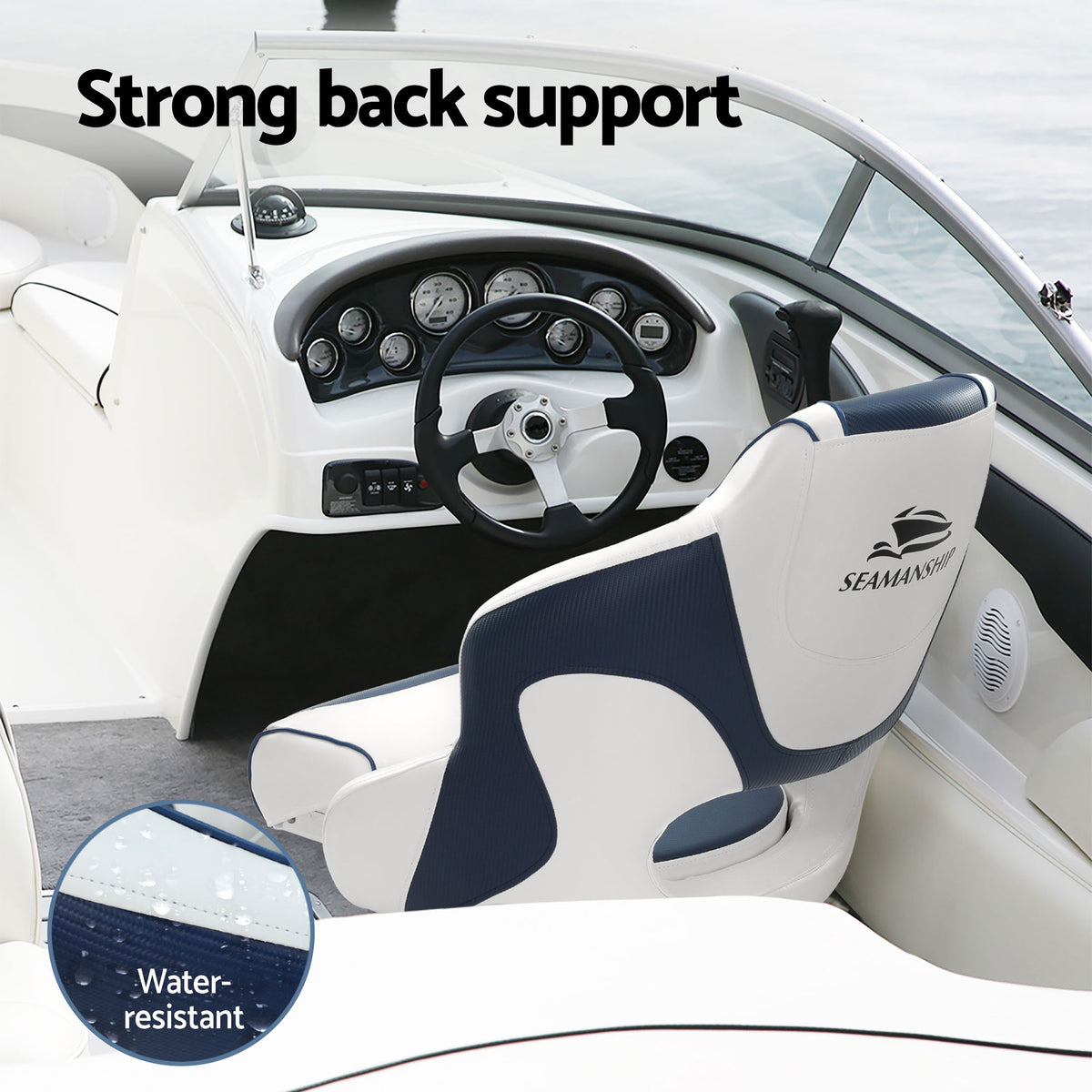 Captain Boat Seats with Pedestals | Flip Up Bolster | 55–75cm Adjustable | Blue