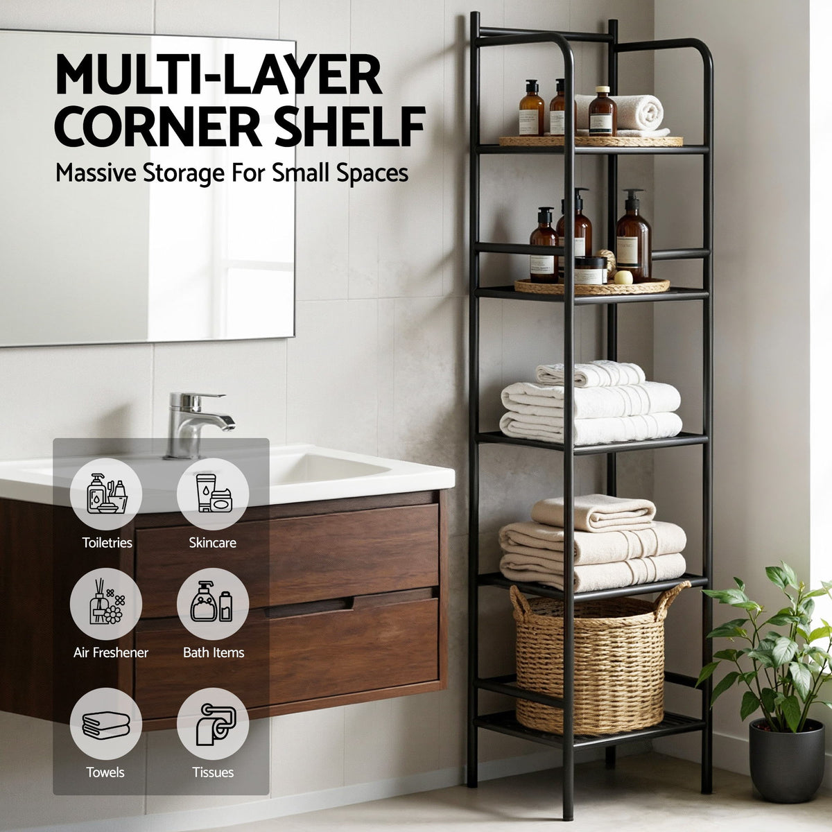 Corner Shower Caddy | 5 Tier | Floor Standing Bathroom Organiser | Black