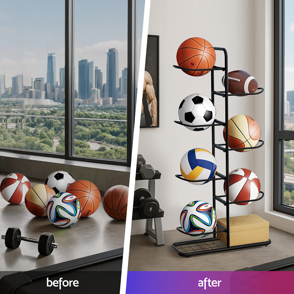 Ball Storage Rack 7-Tier | Sports Equipment Organiser | Garage & Gym Holder | Black