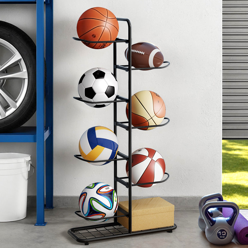 Ball Storage Rack 7-Tier | Sports Equipment Organiser | Garage & Gym Holder | Black