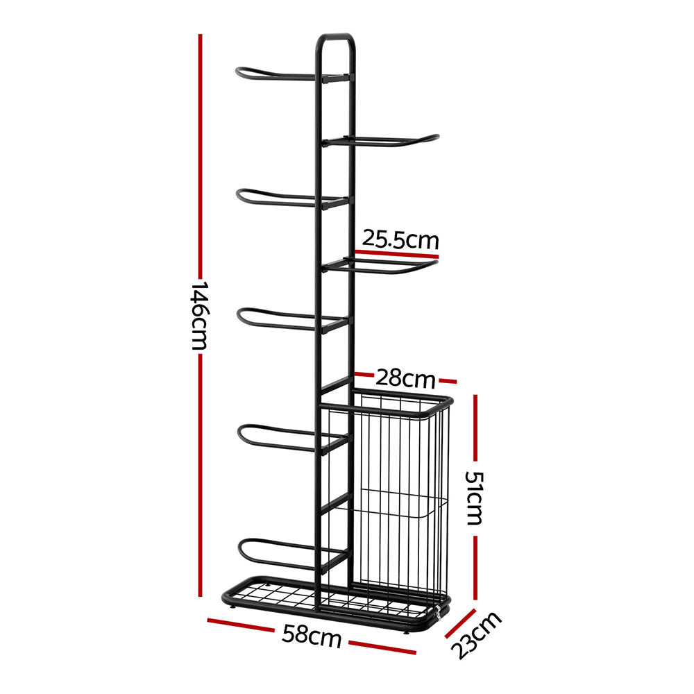 Ball Storage Rack 7-Tier | Sports Equipment Organiser with Basket | Garage & Gym | Black