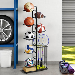 Ball Storage Rack 7-Tier | Sports Equipment Organiser with Basket | Garage & Gym | Black