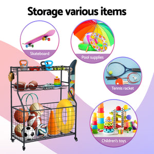 Sports Equipment Organiser | Rolling Storage Rack with Wheels | Garage Gym | Black