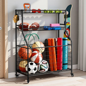 Sports Equipment Organiser | Rolling Storage Rack with Wheels | Garage Gym | Black