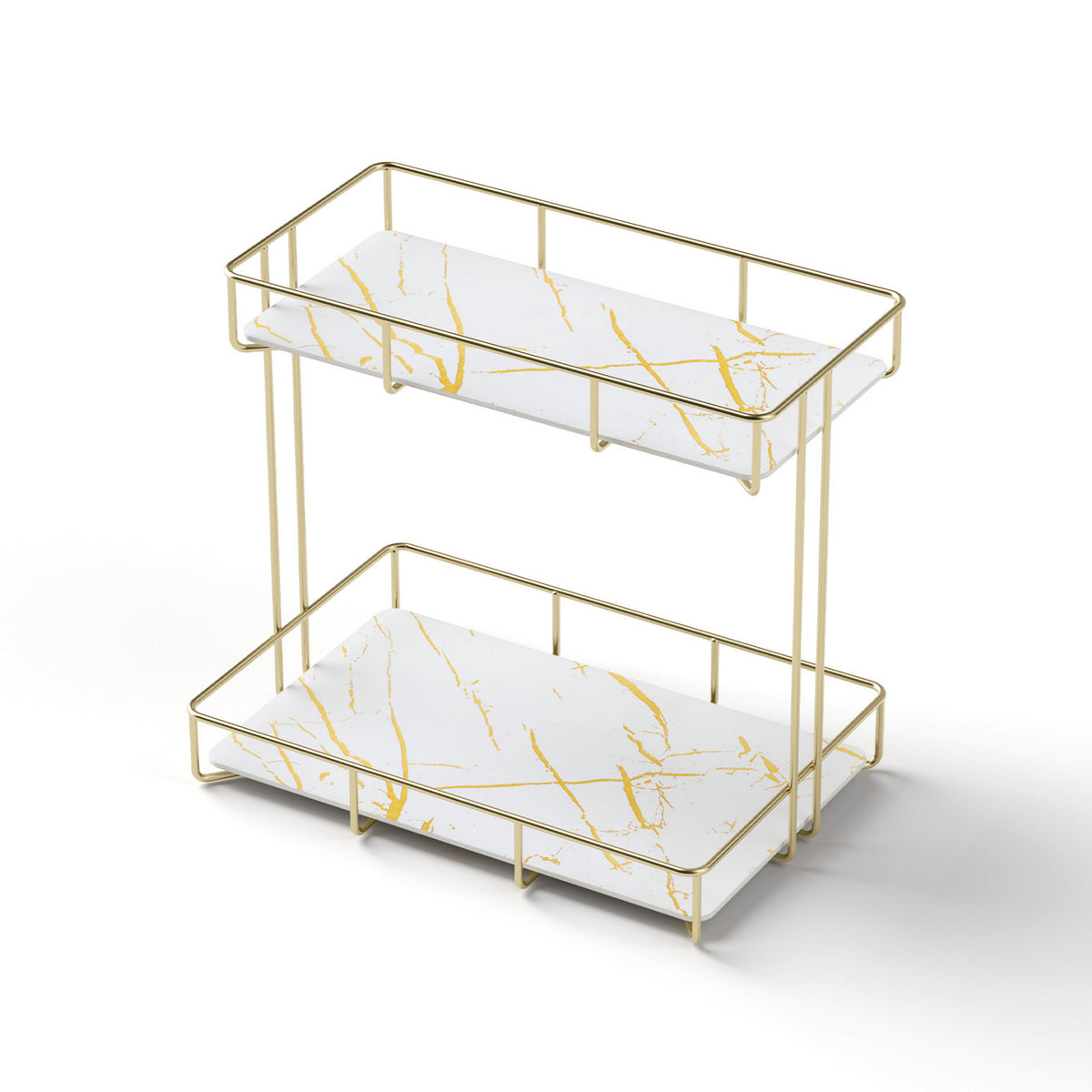 Bathroom Storage Rack | 2 Tier Corner Organiser | Gold | Marble Look