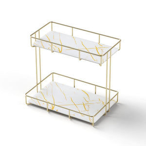 Bathroom Storage Rack | 2 Tier Corner Organiser | Gold | Marble Look