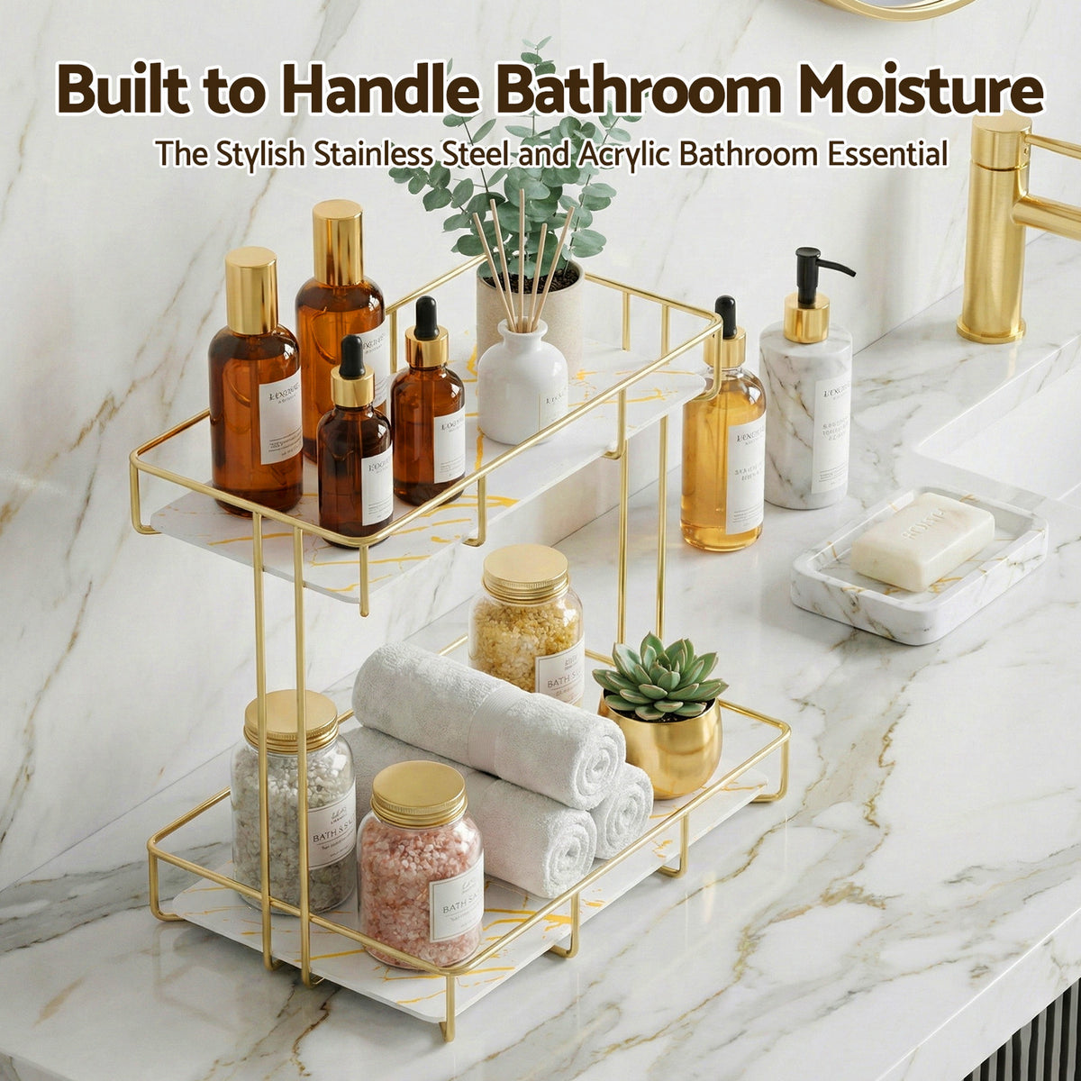 Bathroom Storage Rack | 2 Tier Corner Organiser | Gold | Marble Look