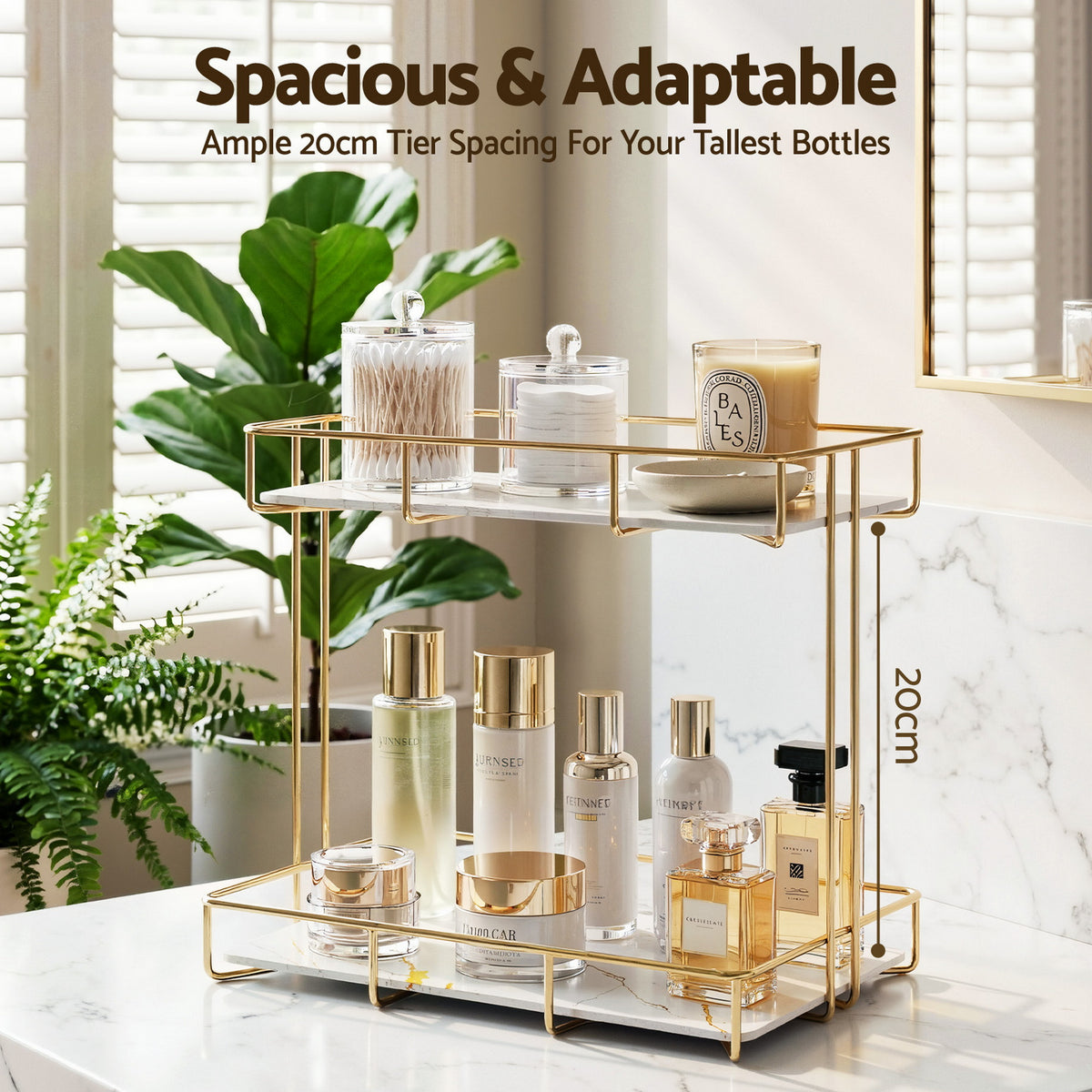 Bathroom Storage Rack | 2 Tier Corner Organiser | Gold | Marble Look
