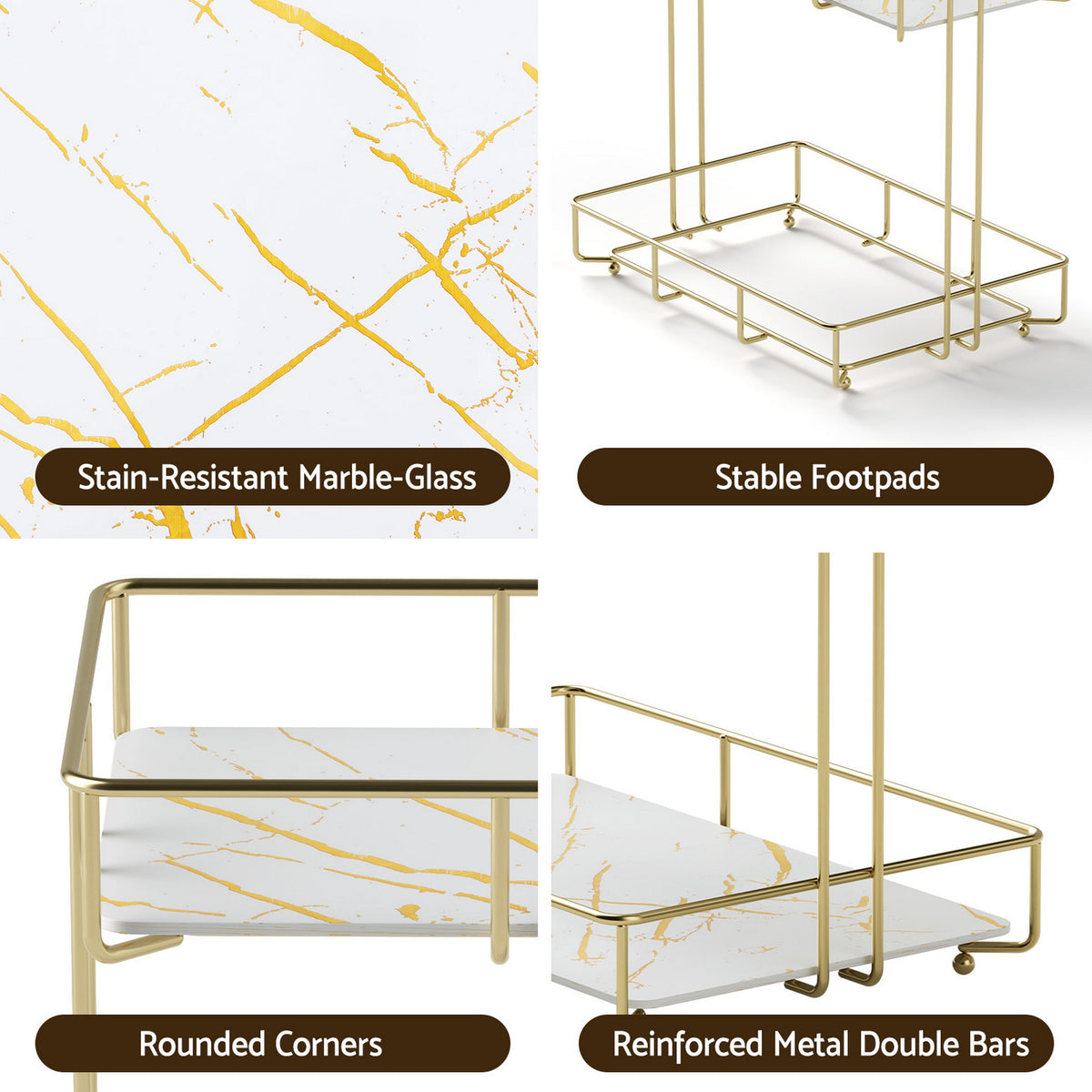 Bathroom Storage Rack | 2 Tier Corner Organiser | Gold | Marble Look