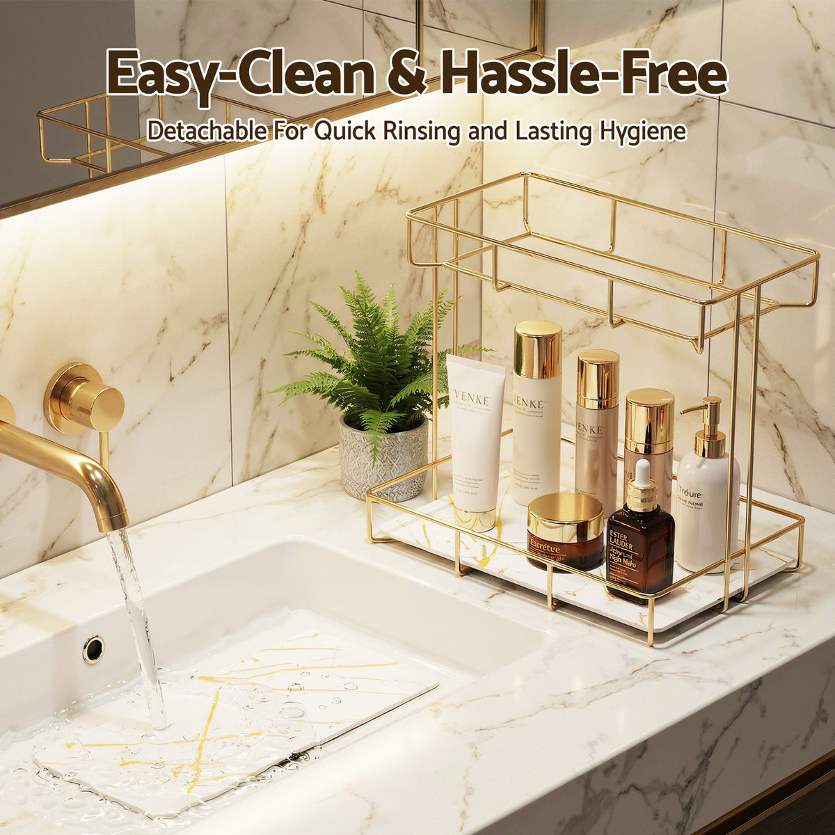 Bathroom Storage Rack | 2 Tier Corner Organiser | Gold | Marble Look