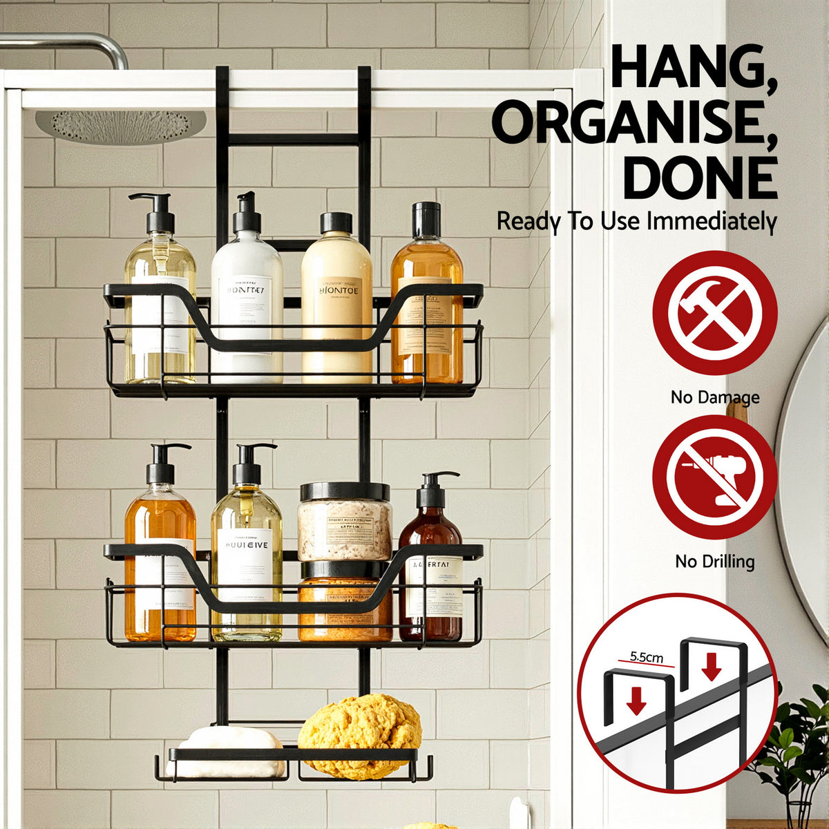 Over Door Shower Caddy | 3 Tier | Hanging Bathroom Organizer