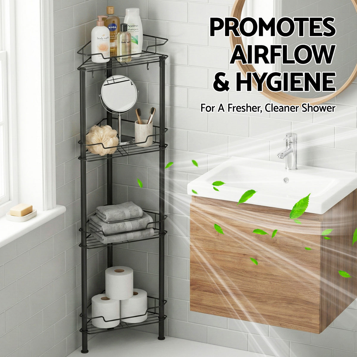 Corner Shower Caddy | 4 Tier | Floor Standing Bathroom Organiser | Black