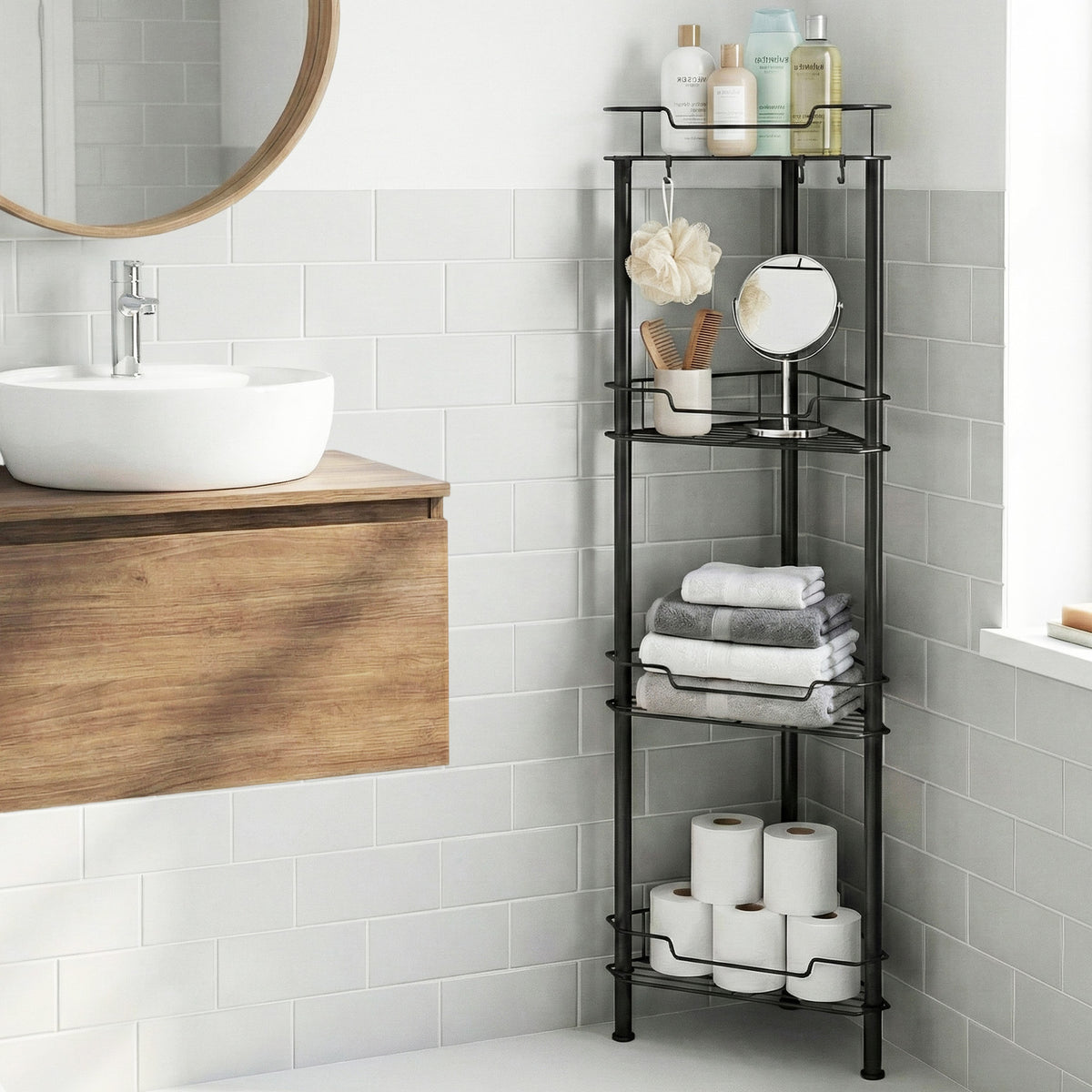 Corner Shower Caddy | 4 Tier | Floor Standing Bathroom Organiser | Black