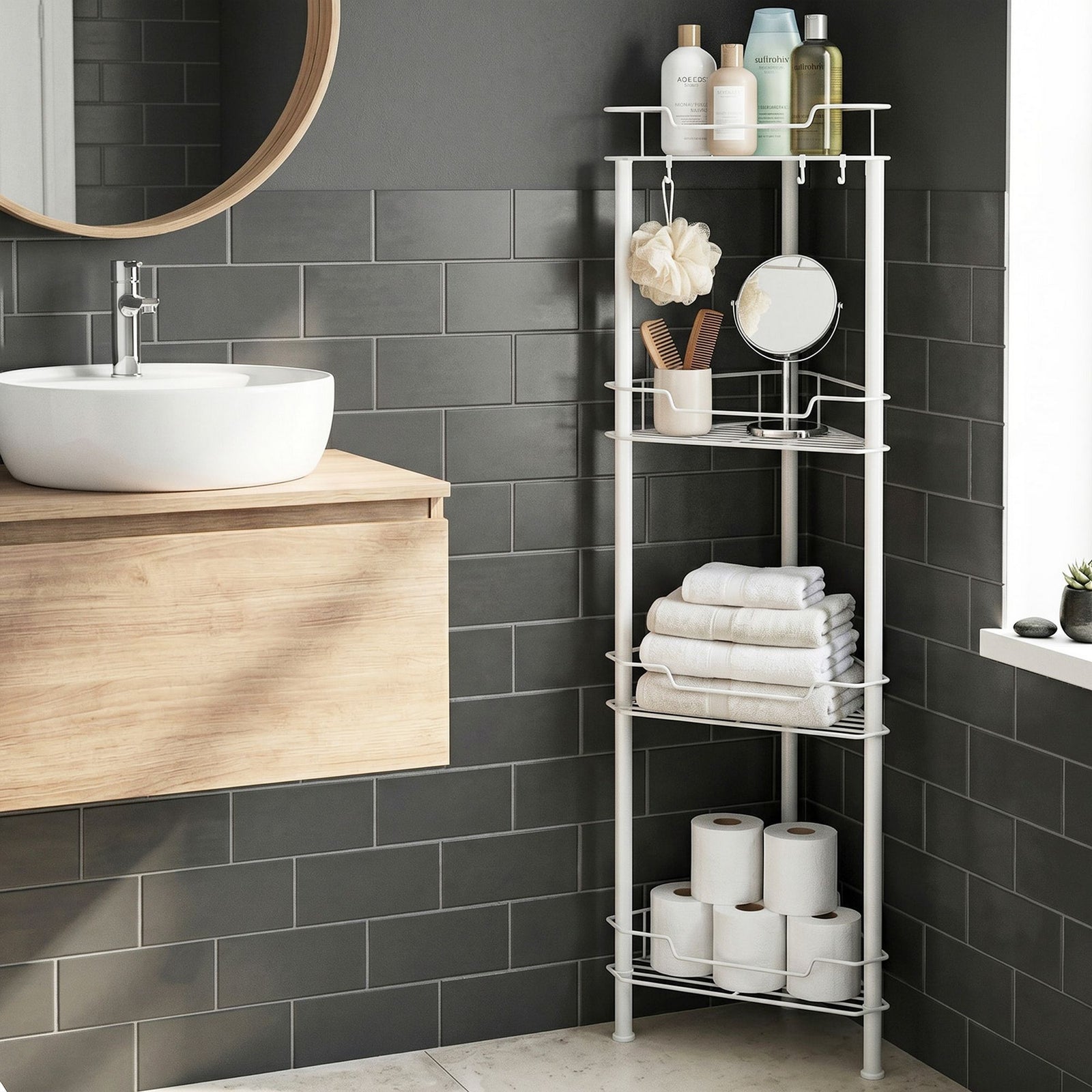 Corner Shower Caddy | 4-Tier Floor Standing Bathroom Organiser | White