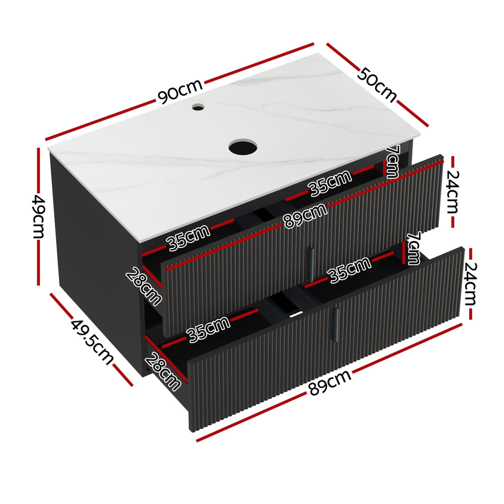 Cefito Vanity Unit | 900mm | Wall Hung Bathroom Cabinet | Black Timber Front