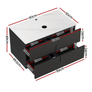 Cefito Vanity Unit | 900mm | Wall Hung Bathroom Cabinet | Black Timber Front