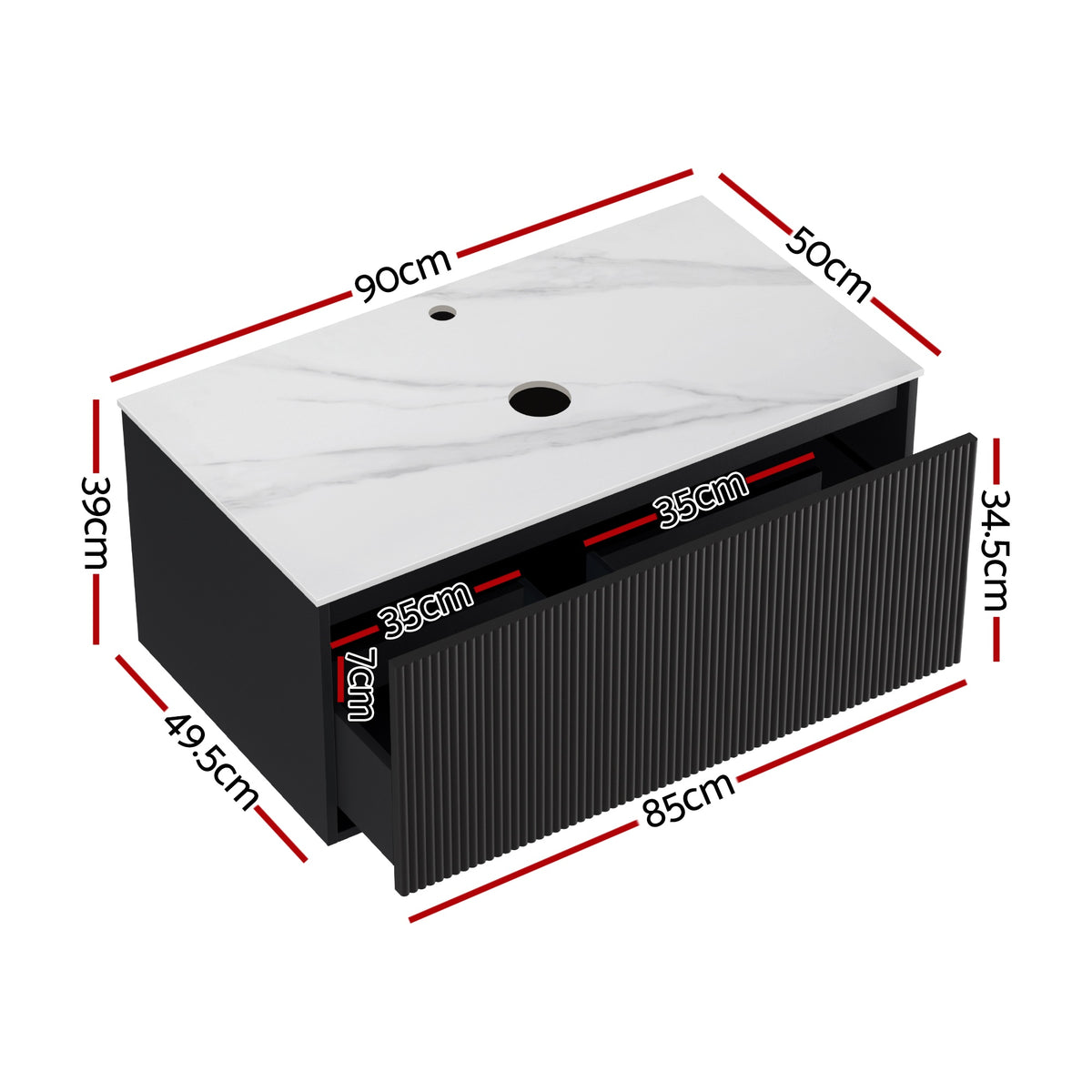 Wall Hung Vanity Unit | 900mm | Grooved Timber Front | Black