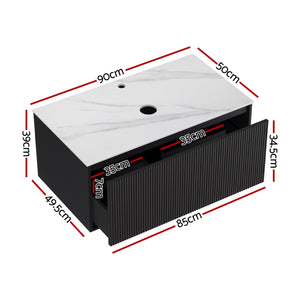 Wall Hung Vanity Unit | 900mm | Grooved Timber Front | Black