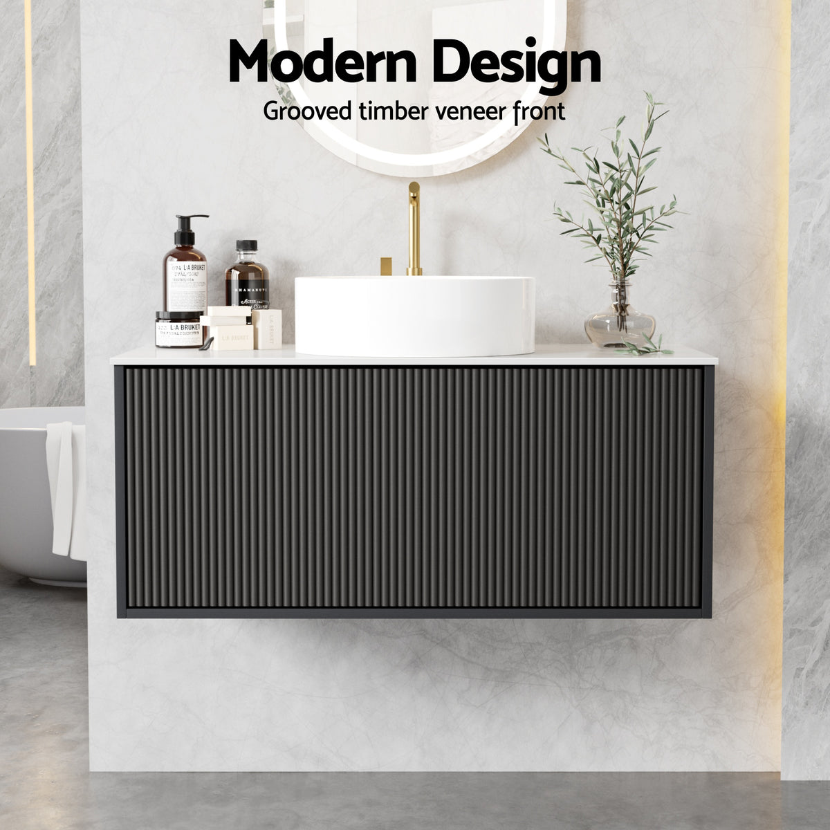 Wall Hung Vanity Unit | 900mm | Grooved Timber Front | Black