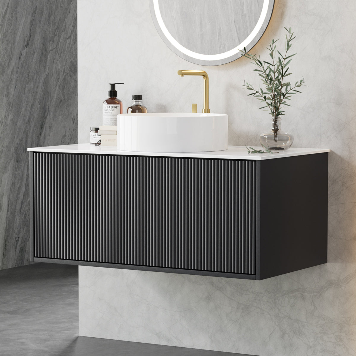 Wall Hung Vanity Unit | 900mm | Grooved Timber Front | Black