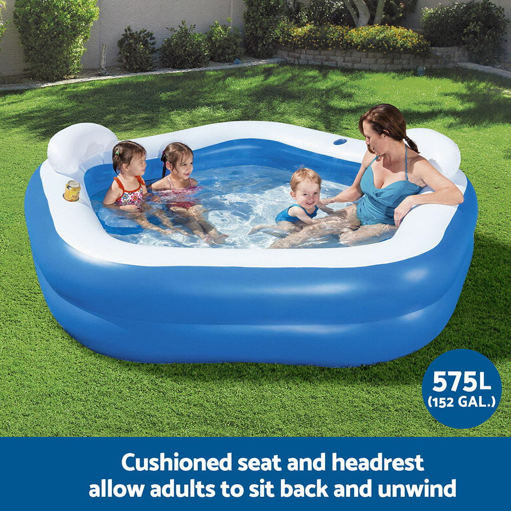Kids Inflatable Pool | 213x206cm | Seat Cushions + Cup Holder | Above Ground