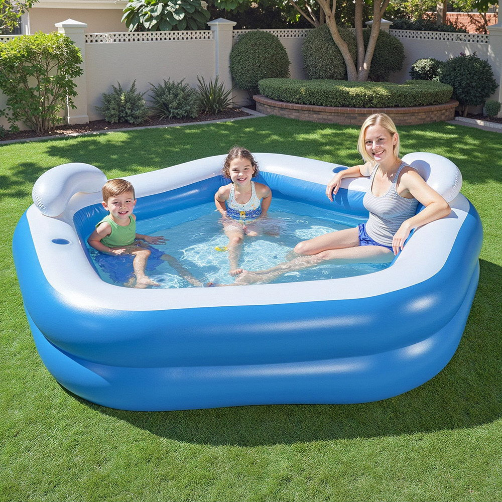 Kids Inflatable Pool | 213x206cm | Seat Cushions + Cup Holder | Above Ground