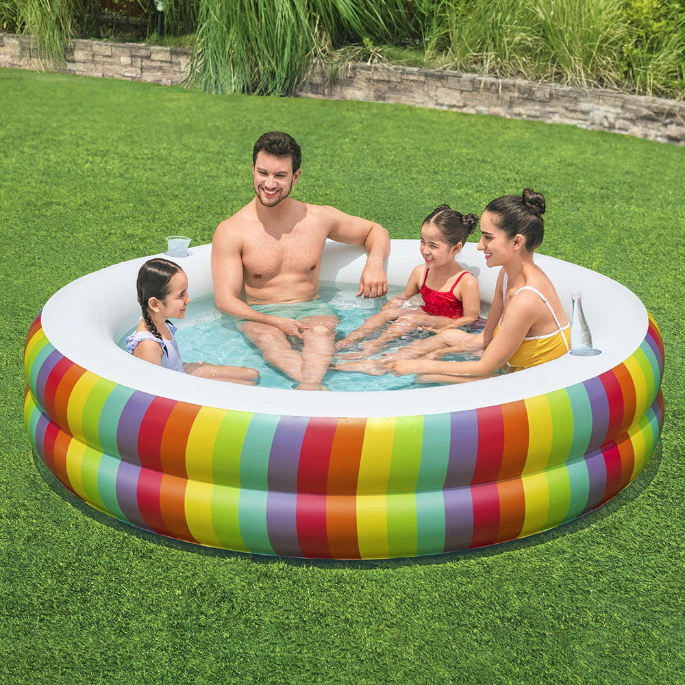 Bestway | Kids Inflatable Round Pool | Above Ground Cup Holder | Rainbow | 206x206x51cm