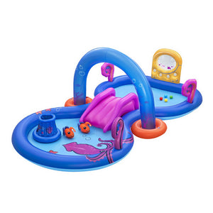 Kids Inflatable Play Pool | Slide, Ball Toss, Coral Basket & Toys