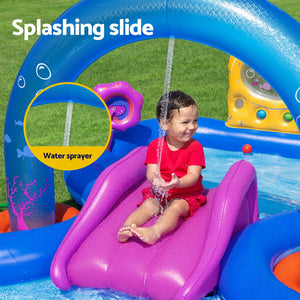Kids Inflatable Play Pool | Slide, Ball Toss, Coral Basket & Toys