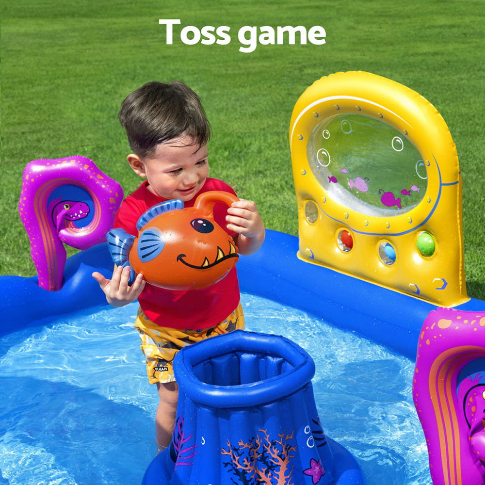 Kids Inflatable Play Pool | Slide, Ball Toss, Coral Basket & Toys