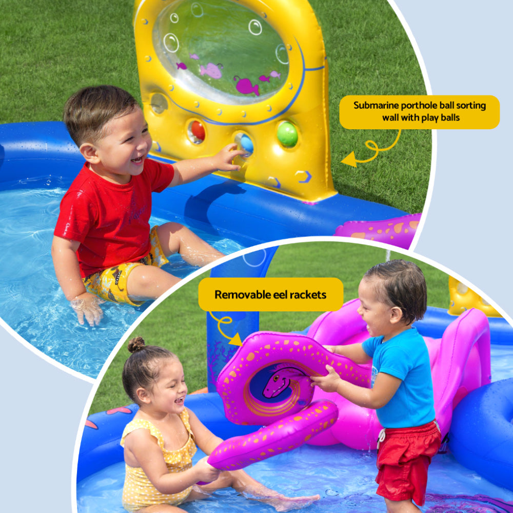 Kids Inflatable Play Pool | Slide, Ball Toss, Coral Basket & Toys