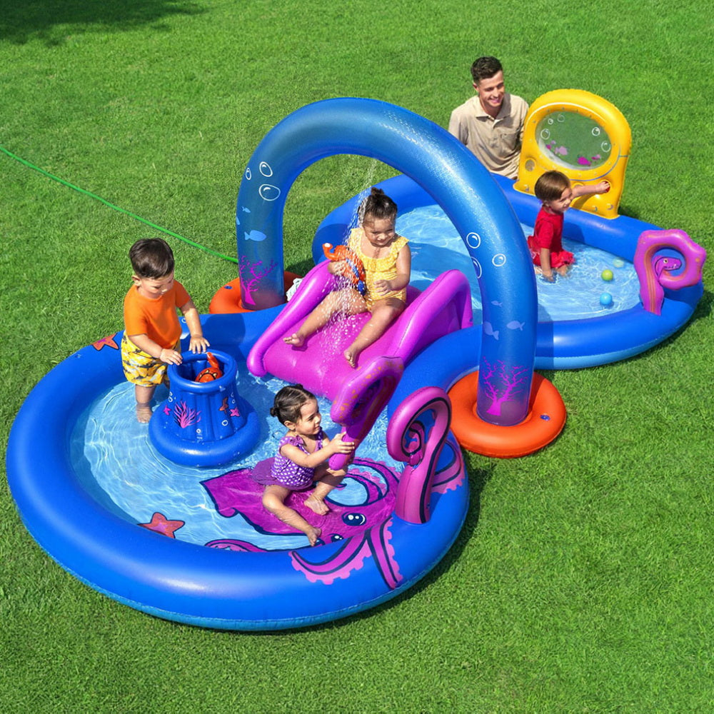 Kids Inflatable Play Pool | Slide, Ball Toss, Coral Basket & Toys