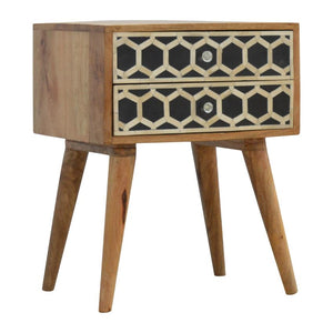 Geometric Bone Inlay Bedside Table | 2 Drawers | Solid Mango Wood