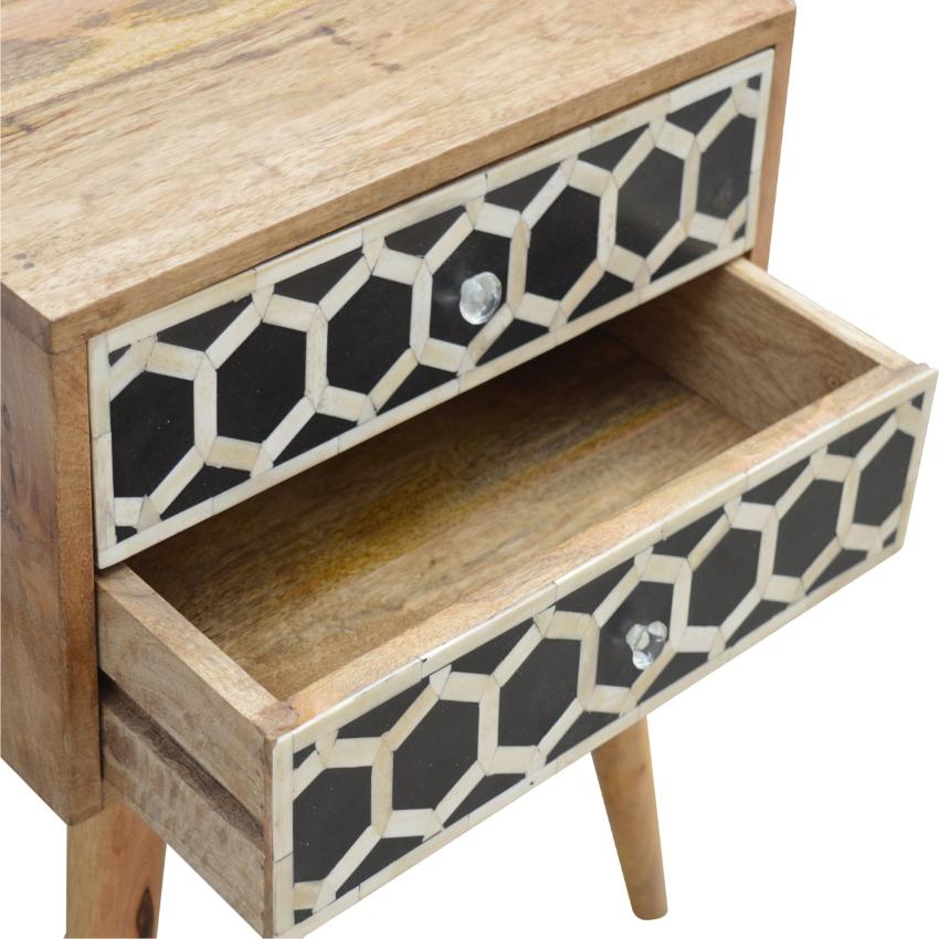 Geometric Bone Inlay Bedside Table | 2 Drawers | Solid Mango Wood